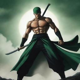 Roronoa Zoro, a powerful anime character holding three swords in his unique style, posing dramatically against an epic background.