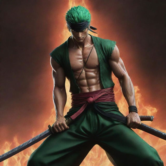 Roronoa Zoro from One Piece, powerfully gripping the legendary sword Enma, looking formidable and ready for battle against a dynamic and vibrant backdrop.