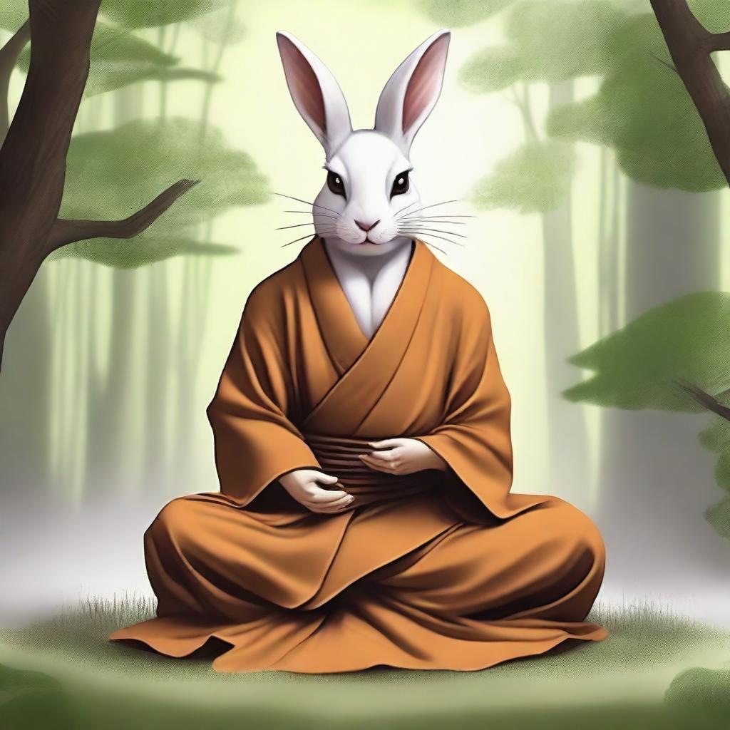 A rabbit man depicted as a serene monk