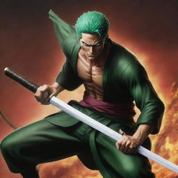 Roronoa Zoro from One Piece, powerfully gripping the legendary sword Enma, looking formidable and ready for battle against a dynamic and vibrant backdrop.