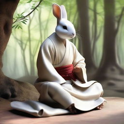 A rabbit man depicted as a serene monk