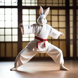 A rabbit man practicing kung fu in a serene, traditional Chinese dojo