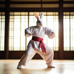 A rabbit man practicing kung fu in a serene, traditional Chinese dojo