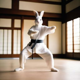 A rabbit man practicing kung fu in a serene, traditional Chinese dojo