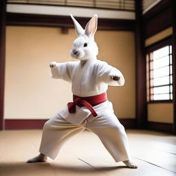 A rabbit man practicing kung fu in a serene, traditional Chinese dojo