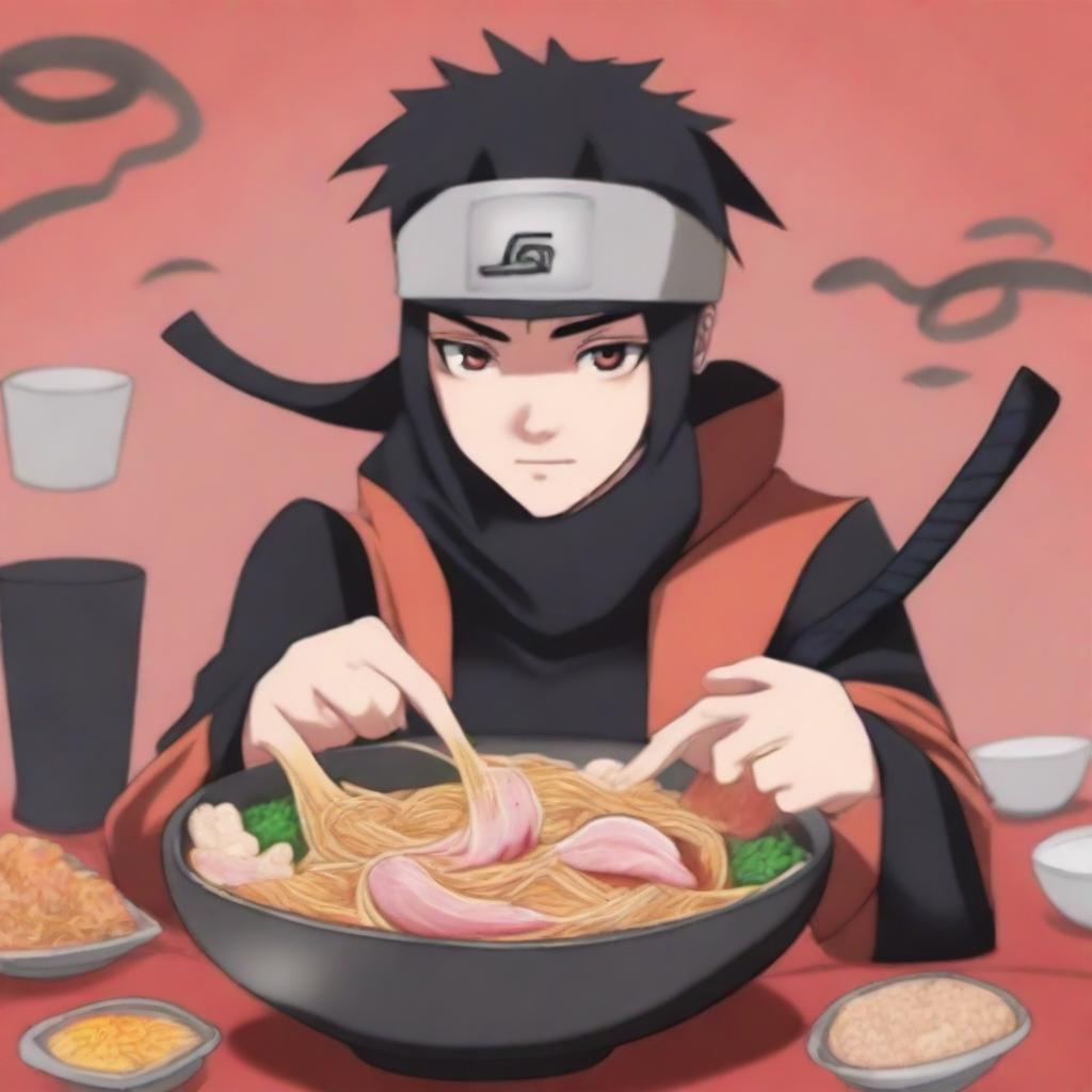 A person enjoying a bowl of ramen in an anime style, specifically inspired by the Naruto series