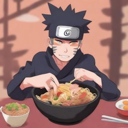 A person enjoying a bowl of ramen in an anime style, specifically inspired by the Naruto series