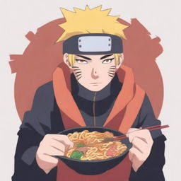 A person enjoying a bowl of ramen in an anime style, specifically inspired by the Naruto series