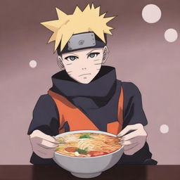 A person enjoying a bowl of ramen in an anime style, specifically inspired by the Naruto series