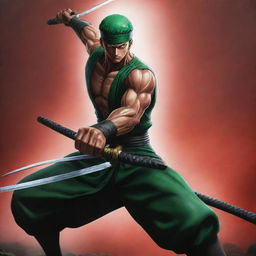 Roronoa Zoro from One Piece, powerfully gripping the legendary sword Enma, looking formidable and ready for battle against a dynamic and vibrant backdrop.