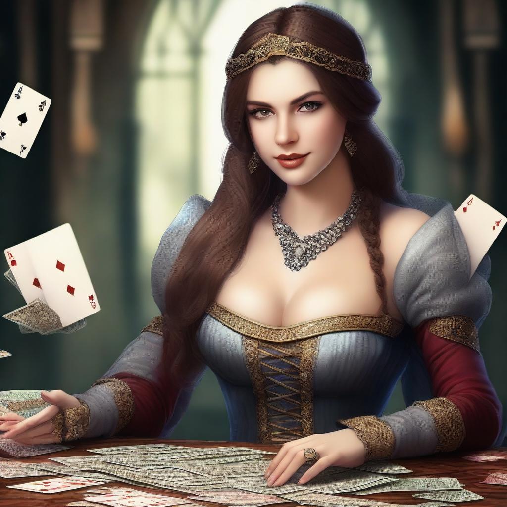 A beautiful girl wearing sexy medieval clothing, showcasing her skills in playing cards and surrounded by lots of cash