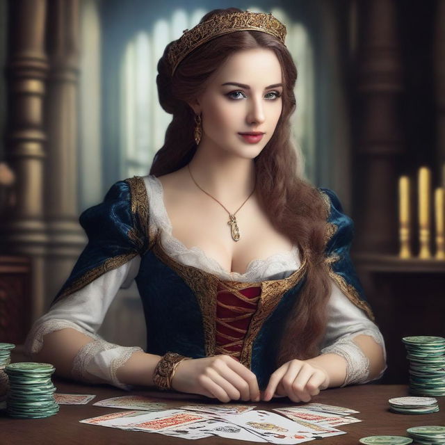 A beautiful girl wearing sexy medieval clothing, showcasing her skills in playing cards and surrounded by lots of cash