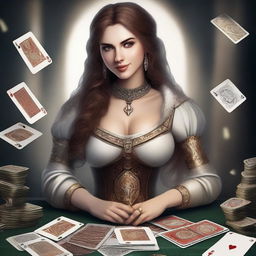 A beautiful girl wearing sexy medieval clothing, showcasing her skills in playing cards and surrounded by lots of cash