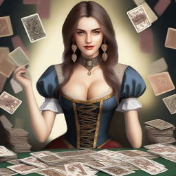 A beautiful girl wearing sexy medieval clothing, showcasing her skills in playing cards and surrounded by lots of cash