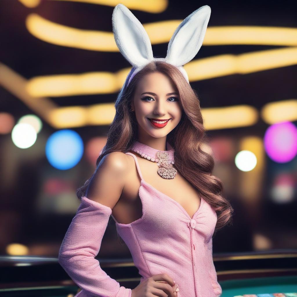 A beautiful girl in a bunny costume at a casino with the text 'NEX188'