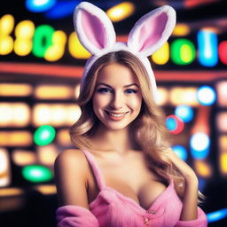 A beautiful girl in a bunny costume at a casino with the text 'NEX188'