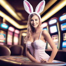 A beautiful girl in a bunny costume at a casino with the text 'NEX188'