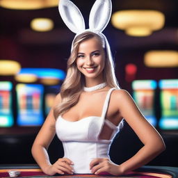 A beautiful girl in a bunny costume at a casino with the text 'NEX188'