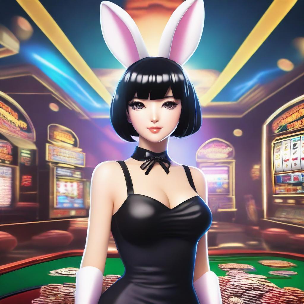 A beautiful girl with short black hair wearing a bunny costume in a CASINO