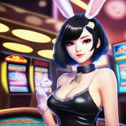 A beautiful girl with short black hair wearing a bunny costume in a CASINO