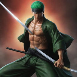 Roronoa Zoro from One Piece, powerfully gripping the legendary sword Enma, looking formidable and ready for battle against a dynamic and vibrant backdrop.