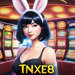 A beautiful girl with short black hair wearing a bunny costume in a CASINO