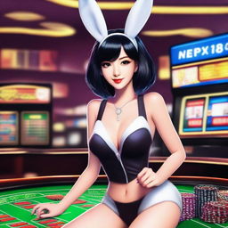 A beautiful girl with short black hair wearing a bunny costume in a CASINO