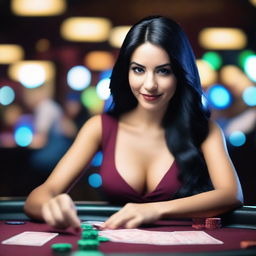 A beautiful girl with black hair sitting at a CASINO table shuffling cards to be played