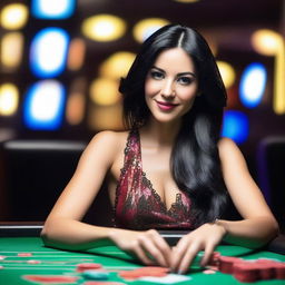 A beautiful girl with black hair sitting at a CASINO table shuffling cards to be played