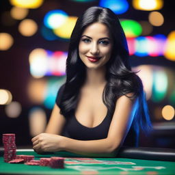 A beautiful girl with black hair sitting at a CASINO table shuffling cards to be played