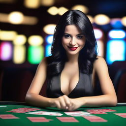 A beautiful girl with black hair sitting at a CASINO table shuffling cards to be played