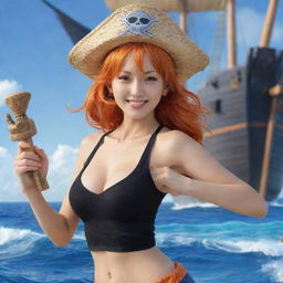 Nami, cheerful navigator of the Straw Hat Pirates from One Piece, with her iconic orange hair and navigation tools, in front of a grand pirate ship and blue ocean.