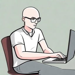 A cartoon-style image of a bald man sitting in front of his laptop