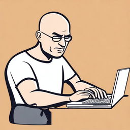 A cartoon-style image of a bald man sitting in front of his laptop