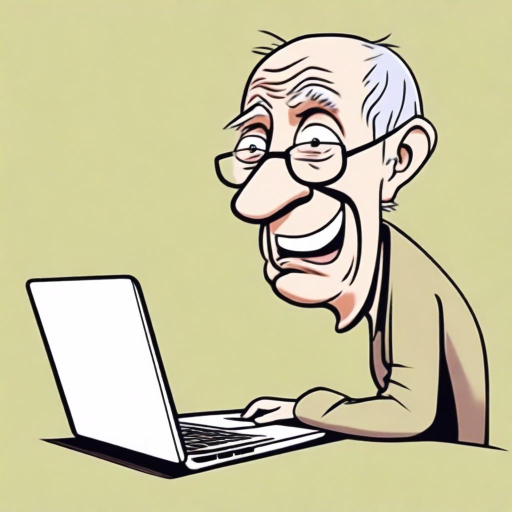 A humorous cartoon-style image of an old man sitting in front of his laptop