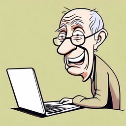 A humorous cartoon-style image of an old man sitting in front of his laptop