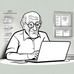 A humorous cartoon-style image of an old man sitting in front of his laptop