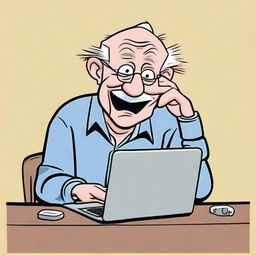 A humorous cartoon-style image of an old man sitting in front of his laptop