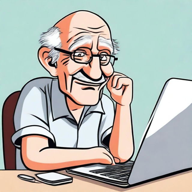 A humorous cartoon-style image of an old man sitting in front of his laptop