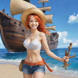 Nami, cheerful navigator of the Straw Hat Pirates from One Piece, with her iconic orange hair and navigation tools, in front of a grand pirate ship and blue ocean.