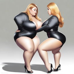 High-resolution digital art of voluptuous, plus-size Indonesian girls with long, golden blonde hair, enormous breasts, and massive asses