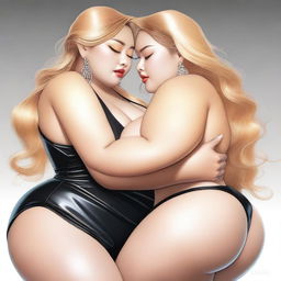 High-resolution digital art of voluptuous, plus-size Indonesian girls with long, golden blonde hair, enormous breasts, and massive asses