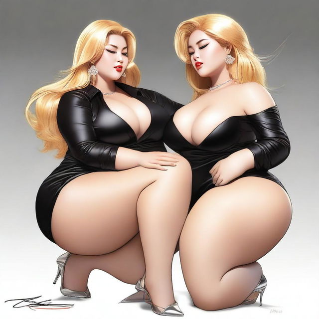 High-resolution digital art of voluptuous, plus-size Indonesian girls with long, golden blonde hair, enormous breasts, and massive asses