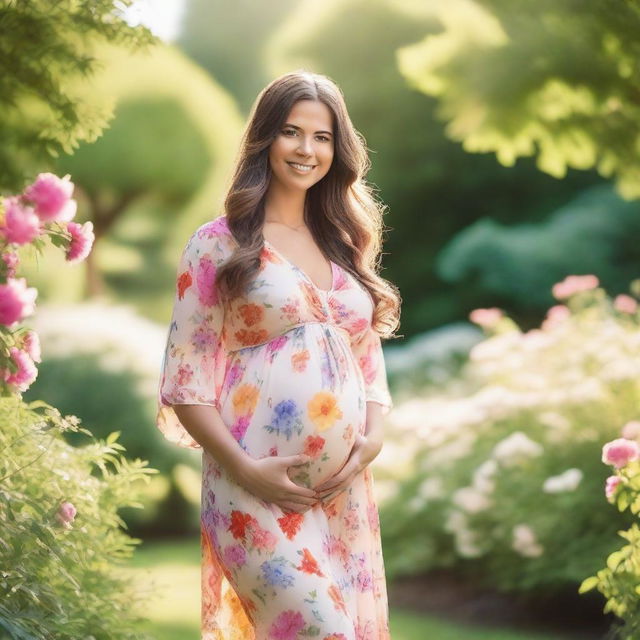 A serene and joyful pregnant woman standing in a beautiful garden, wearing a flowing dress