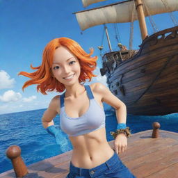 Nami, cheerful navigator of the Straw Hat Pirates from One Piece, with her iconic orange hair and navigation tools, in front of a grand pirate ship and blue ocean.