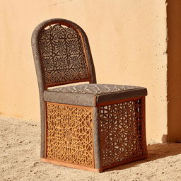 An outdoor seat fashioned with influences from emotive Arabic lines, crafted in sturdy material and studded with intricate, arabesque patterns.