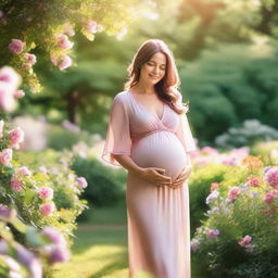 A serene and joyful pregnant woman standing in a beautiful garden, wearing a flowing dress