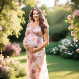 A serene and joyful pregnant woman standing in a beautiful garden, wearing a flowing dress