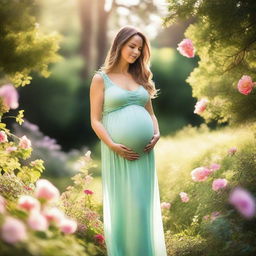 A serene and joyful pregnant woman standing in a beautiful garden, wearing a flowing dress