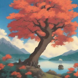 A detailed Studio Ghibli poster featuring a beautiful maple tree